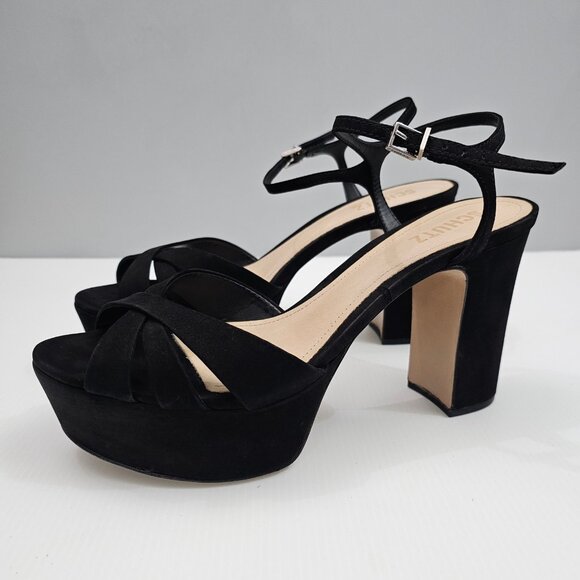 Schutz Keefa Platform Block Heel Womens 10 Black Nubuck Strappy Sandal Evening - Picture 13 of 13
